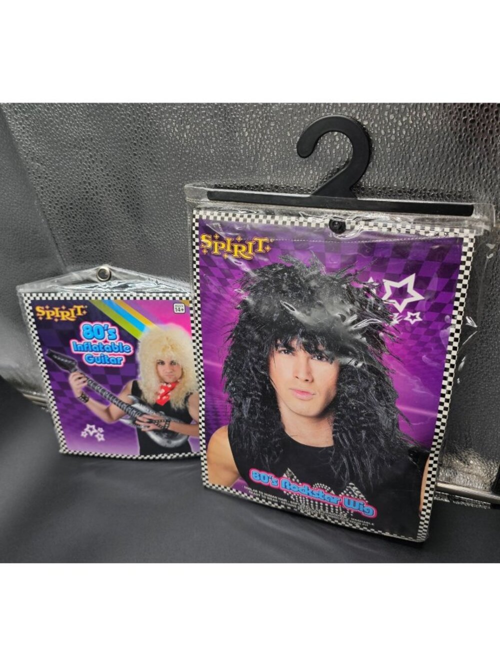 NIB Spirit Halloween 80s Rockstar Wig & Inflatable Guitar Halloween Costume Fun